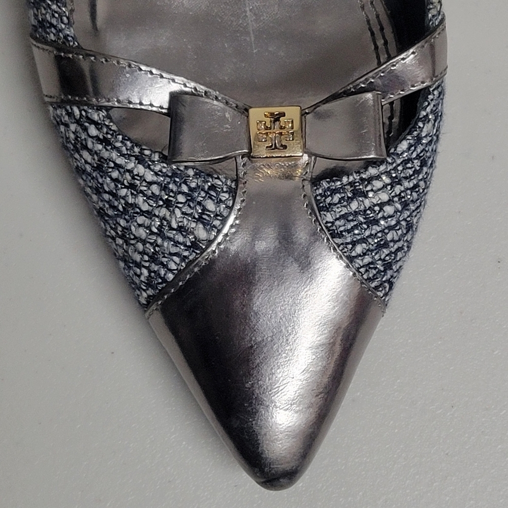 Tory Burch Tweed Metallic Bow Detail Pointy Toe Sling Back Heels. - Picture 13 of 16